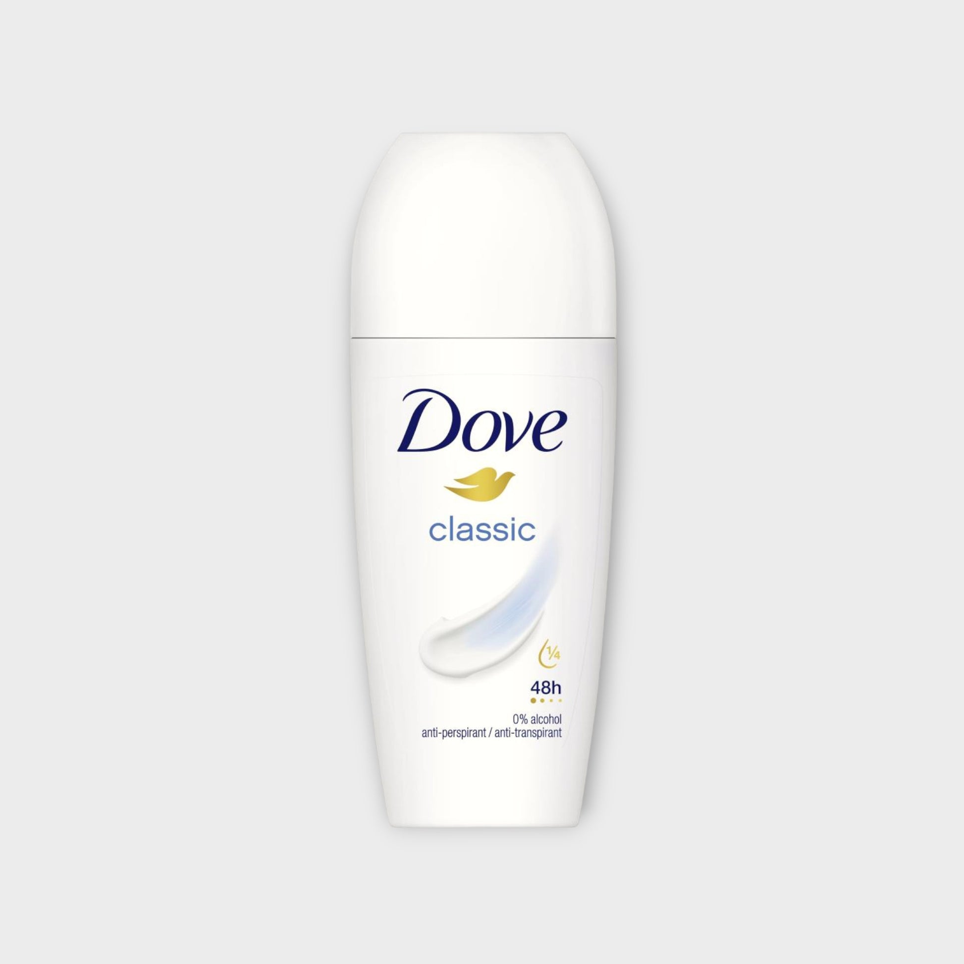 Dove Classic Antyperspirant Roll On 50 ml, zapewniający długotrwałą ochronę przed potem i nieprzyjemnym zapachem.