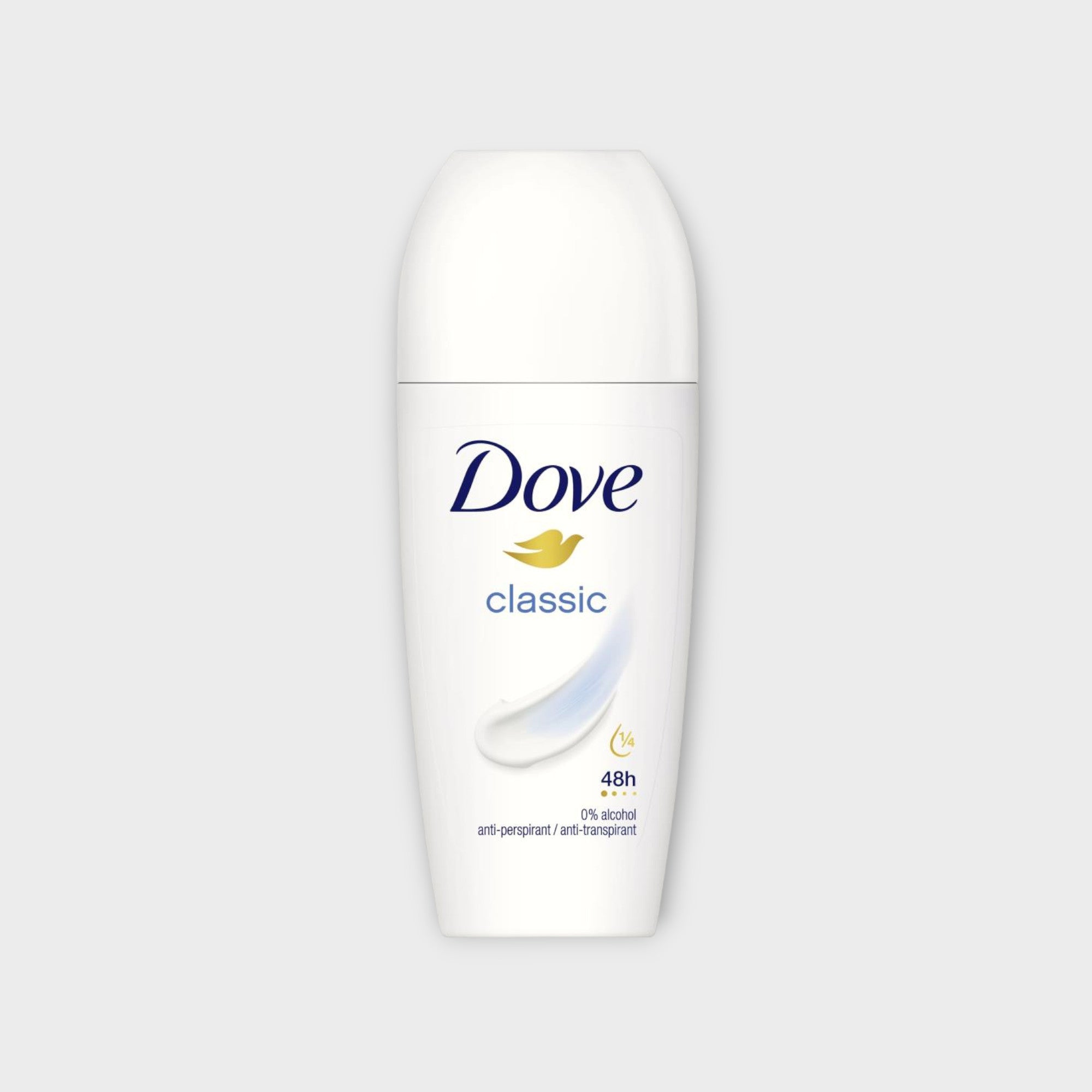 Dove Classic Antyperspirant Roll On 50 ml, zapewniający długotrwałą ochronę przed potem i nieprzyjemnym zapachem.