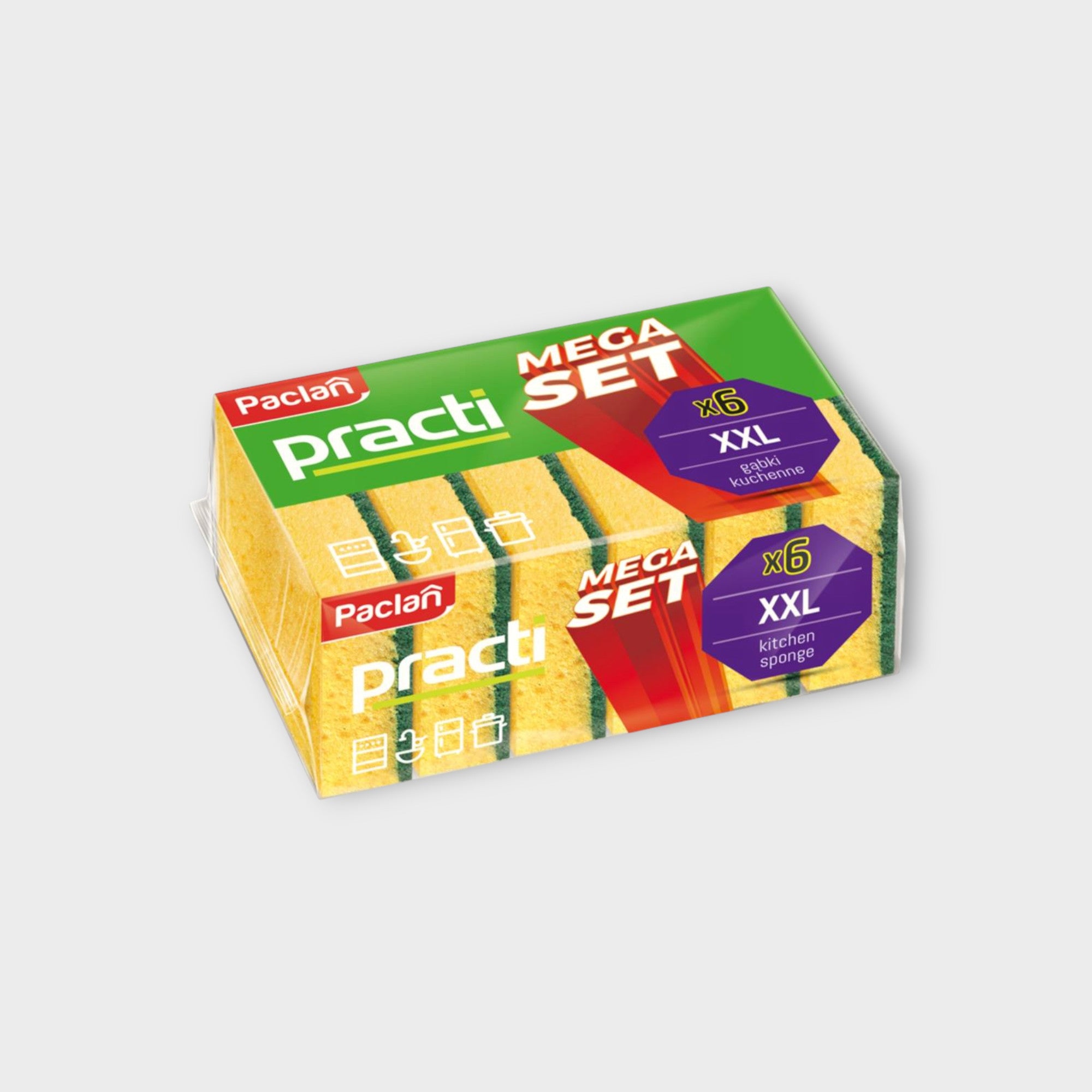 Paclan Mega Set Gąbka do Naczyń Practi 6 sztuk XXL, wytrzymała gąbka do codziennego użytku.