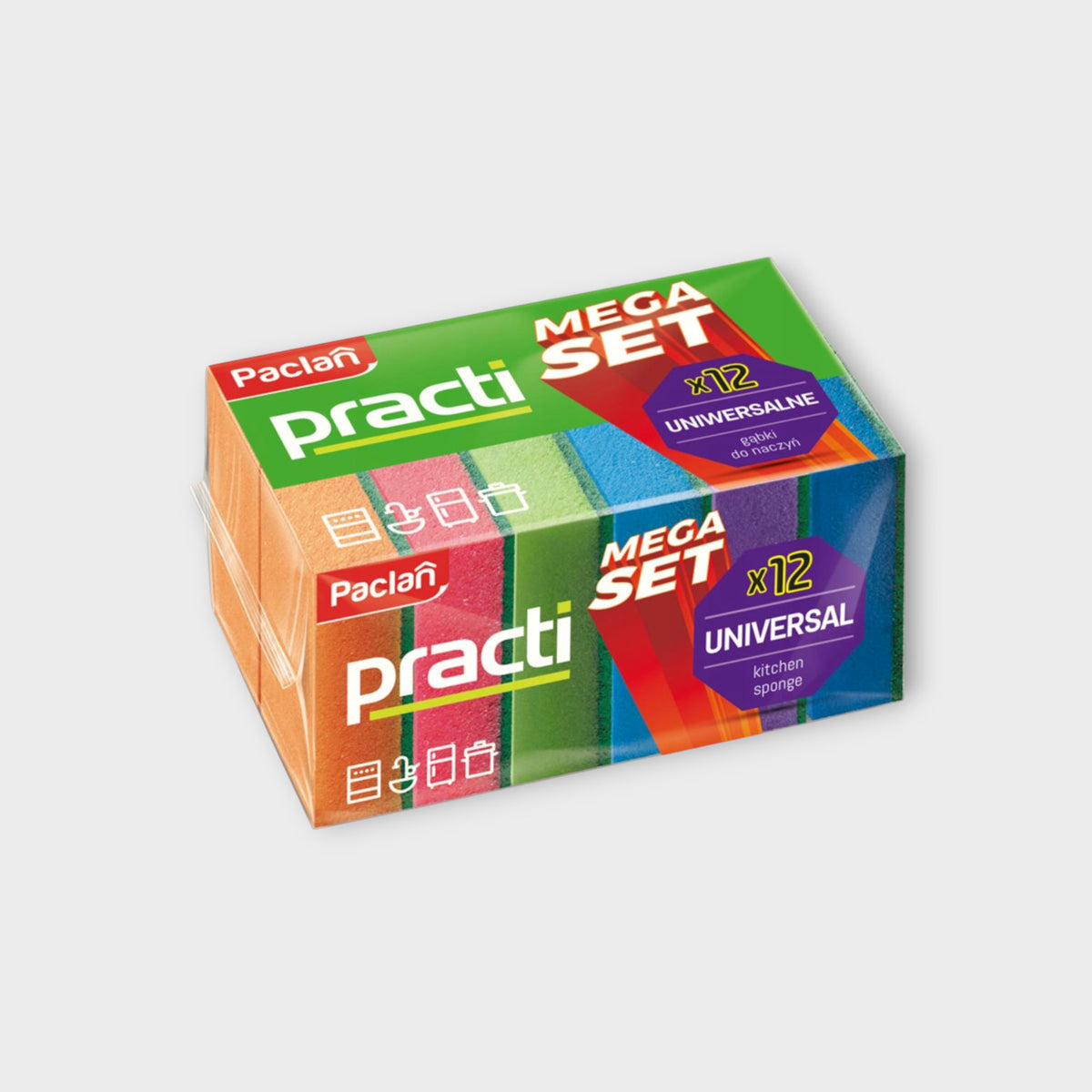 Paclan Mega Set Gąbka do Naczyń Practi 12 sztuk, idealna do mycia naczyń, wydajna i mocna.