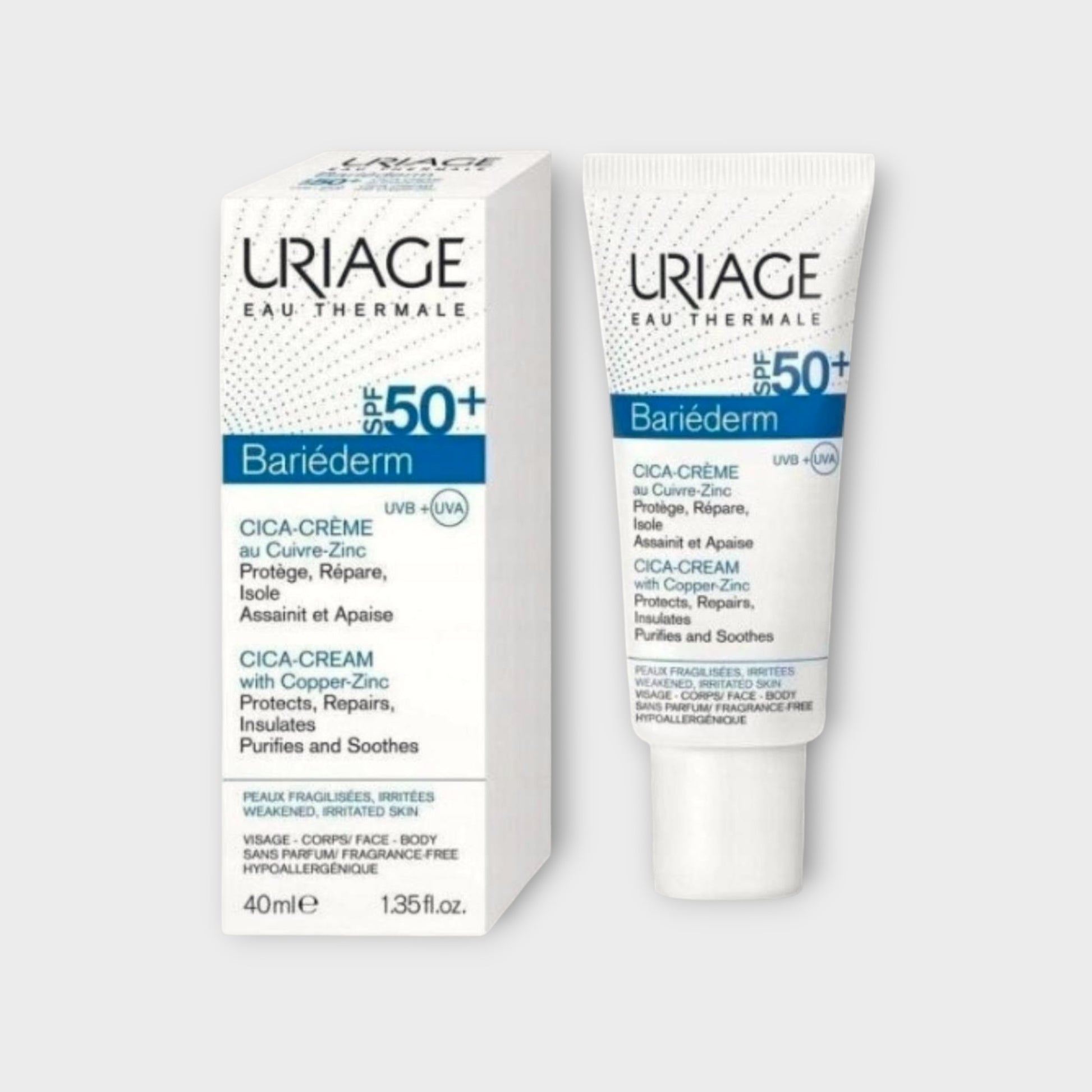 Regenerujący krem Uriage Bariederm Cica-Cream z filtrem SPF50+ w opakowaniu 40 ml
